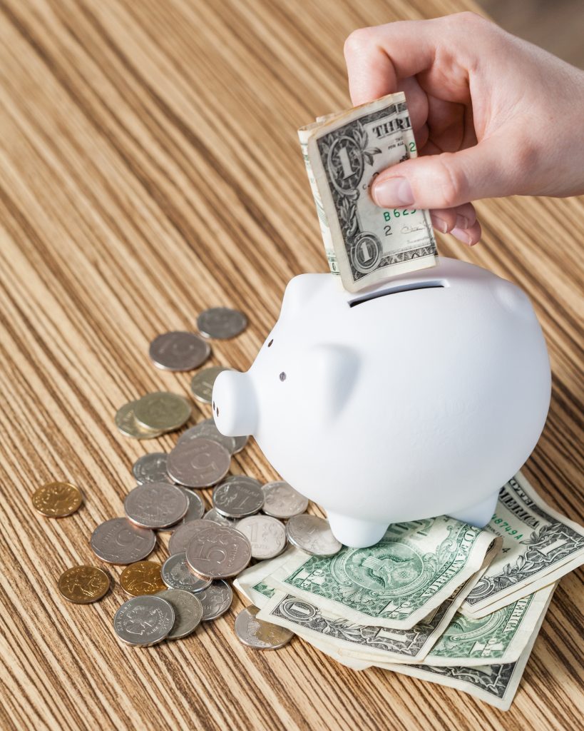 white piggy bank and us dollars